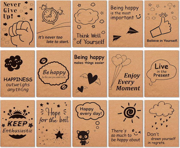 Feela 15 Pack A6 Kraft Notebooks, 15 Designs Cute Mini Pocket Notebooks and Journals, Lined Motivation Small Journal