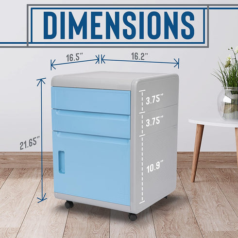 SereneLife 2 Drawer Rolling Cabinet, 3 Compartment Organizer Filing Desk with Coded Lock, Gray/Blue, 16.25” L x 16.5” W