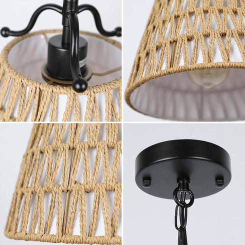 E26 Rattan Pendant Light with Woven Basket Shade, Boho Farmhouse Pendant Light Fixture, Hanging Light with Adjustable