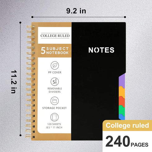 CAGIE 5 Subject Notebook College Ruled 8.5'' x 11'' Hardcover Spiral Lined Notebook with 5 Removable Colored Dividers 240 Pages Notebooks for Work, School Supplies, Home & Office, Writing Journal by CAGIE