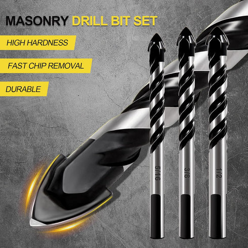 12-PCS Masonry Drill Bit Set, Professional Carbide Drill Bits for Glass, Tile, Brick, Cement, Wood