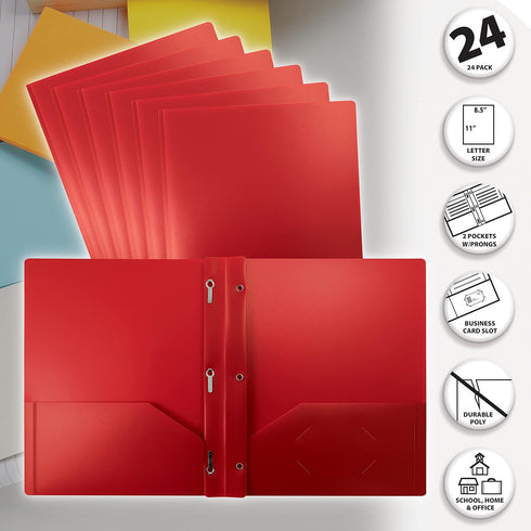 Better Office Products Red Plastic 2 Pocket Folders with Prongs, Heavyweight, Letter Size Poly Folders, 24 Pack with 3