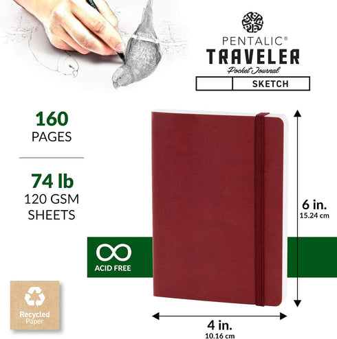 Pentalic 4" x 6" Pocket Sketchbook Traveler Journal, 160 Pages, Burgundy