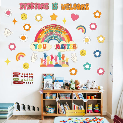 Retro Bulletin Board Decorations Groovy Classroom Decor, 35Pcs Everyone is Welcome Classroom Positive Motivational Inspirational Affirmation Wall Decor Boho Rainbow Cutouts for School Supplies by VABAMNA