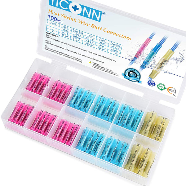 TICONN 100PCS Insulated Waterproof Heat Shrink Butt Wire Connector Kit for Marine Automotive Crimp Terminals