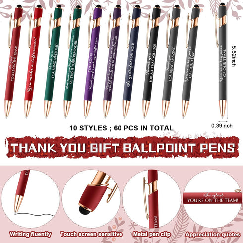 60 Set Resurhang Employee Appreciation Gift Bulk Inspirational Ballpoint Pen with Stylus Tips Card Office Thank You