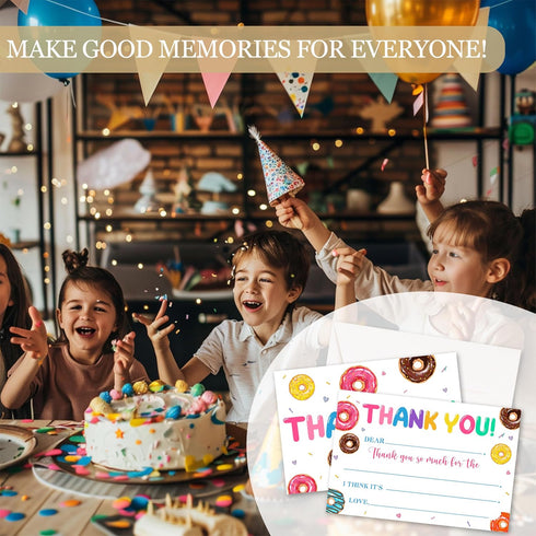 HMJKL 20 Pack (06) Donut Thank You Cards Fill in the Blank, Sweet Donut Thank You Notes for Kids, Roller Skate Thank