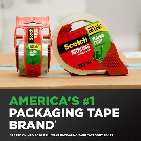 Scotch Tough Grip Moving Packing Tape, Clear, 1.88 in. x 38.2 yd., 2 Rolls, Secures Boxes up to 80 Pounds