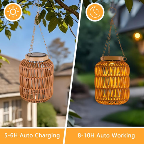 (2) Solar Outdoor Lanterns Waterproof, Hanging Rattan Lantern Lights for Outside, Solar lamp Outdoor Chandelier Idea
