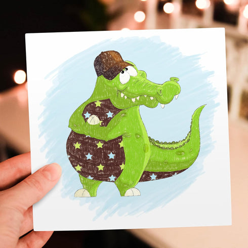 Kids Greeting Card - Green & Brown Alligator with Blue Stars Design
