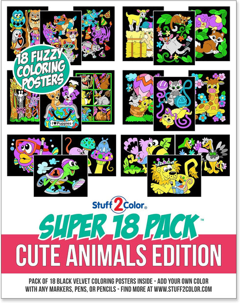 Super Pack of 18 Fuzzy Coloring Posters, Cute Animals Edition, Arts & Crafts Kit for Kids, Perfect for Quiet Time