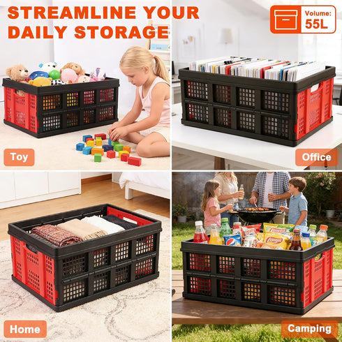 55L, 1PK Collapsible Storage Bins Heavy Duty Plastic Milk Crates for Storage, Foldable Collapsible Crates