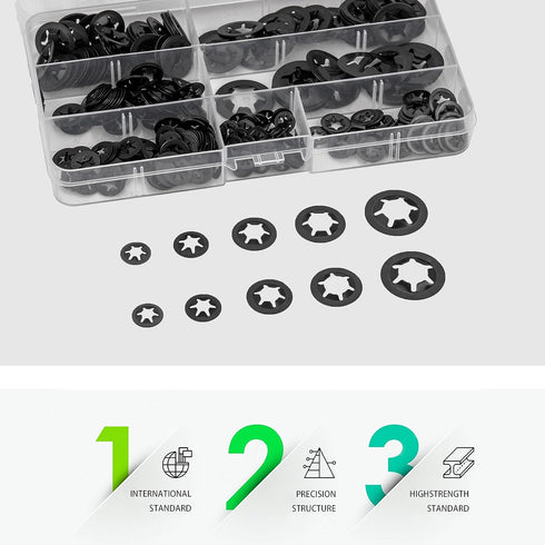 340 Pcs Locking Washers Assortment Kit, Internal Tooth Starlock Push On Speed Clips Fasteners - M3, M4/M5/M6/M8/M10/M12