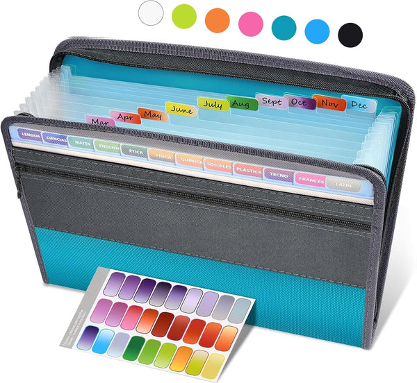 Sooez Accordion File Organizer with Safe Zipper, 12 Pocket Expanding File Folder, Portable Monthly Paper Organizer, Teal