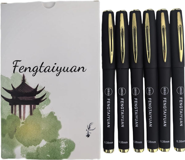Fengtaiyuan 038P18x6 Black Gel Ink Rollerball Pens, Ultra Fine 0.38mm, 6-Piece Box, Comfortable Non-Slip Grip