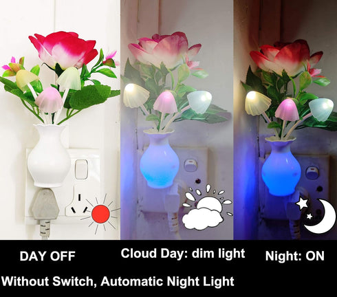 AUSAYE Sensor LED Night Light Plug-in Nightlight, Color Changing Lamp Rose Flower Mushroom Night Light for Kids Adults