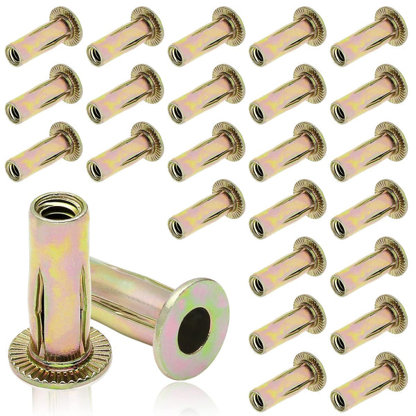 25Pcs Steel Multi Grip Rivet Nuts - Pre Bulbed Shank Zinc-Plated Flat Head Threaded Insert Nut Construction Fasteners