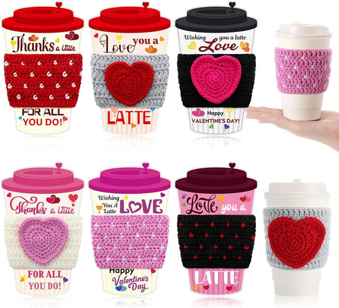 Zhehao 6 Set Valentine's Day Teacher Gift Crochet Coffee Cup Sleeve with Thanks