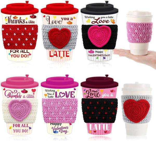 Zhehao 6 Set Valentine's Day Teacher Gift Crochet Coffee Cup Sleeve with Thanks