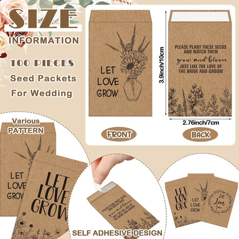 Ireer 101 Set Let Love Grow Boho Wedding Favors for Guests with 1 Wooden Sign, 100 Seed Packets, Kraft Envelopes