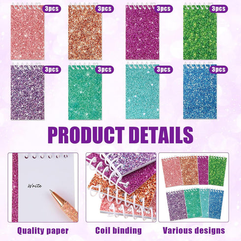 Glenmal 24 Pack Spiral Small Notebooks, 3.9 x 2.4 Inch, Prism Glitter Pocket Notepad, Assorted Colors, Mini Top Bound