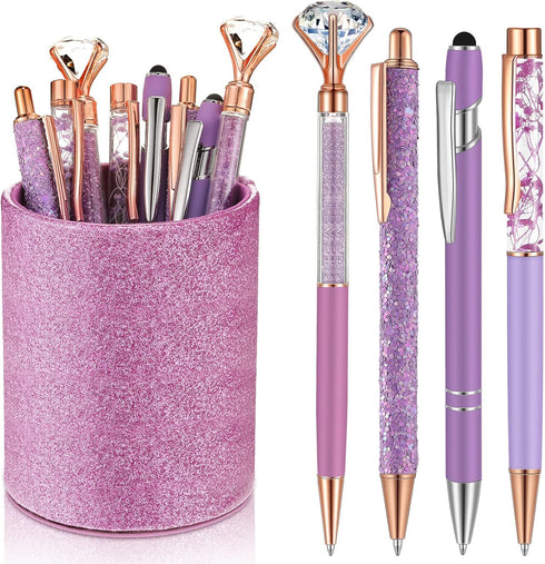 Sabary 8 Pcs Ballpoint Pens with Holder - Metal Crystal Diamond Glitter Pencil Holder for Women Girls