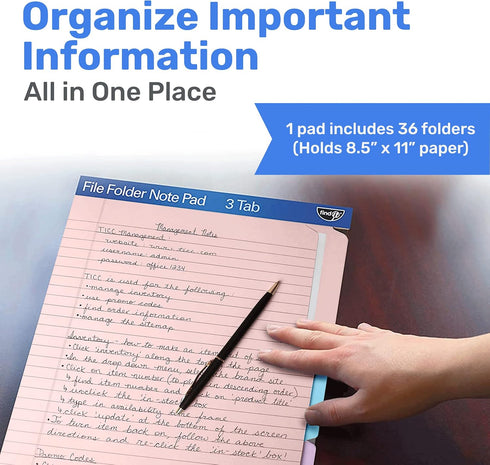 Find It File Folder Notepad - Pack of 36, 9.5 x 12.5 Inch Notebook Organizer for Filing and Document Organization