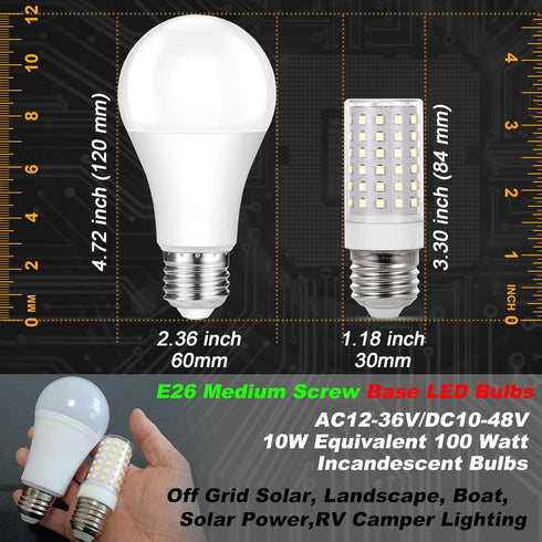 12 Volt 24V Low Voltage E26 Medium Screw Base LED Bulbs 6000K Daylight White, 10W Equivalent, 3 Pack