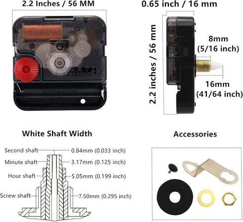 TIKROUND 12888 2 Pack Clock Movement Mechanism with 4 Pairs of Short Hands Battery Silent Sweep Operated Quartz Clock Motor Kit DIY Repair Parts Replacement,Total Shaft Length is 16 mm (41/64 inch).