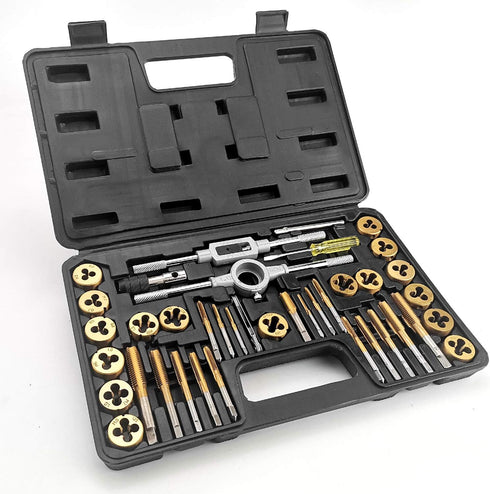 40PCS Set, GCr15 Azuno Metric Tap and Die Titanium Coated Bearing Steel with T-Handle/Wrench/Gauge/Screwdriver