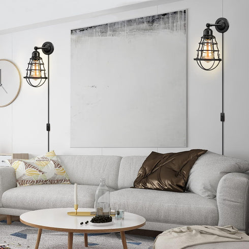 2pack, LYOOWNG Plug in Wall Sconces Industrial Wall Lamp with Plug in Cord, Farmhouse Wall Sconces, Wire Cage Wall