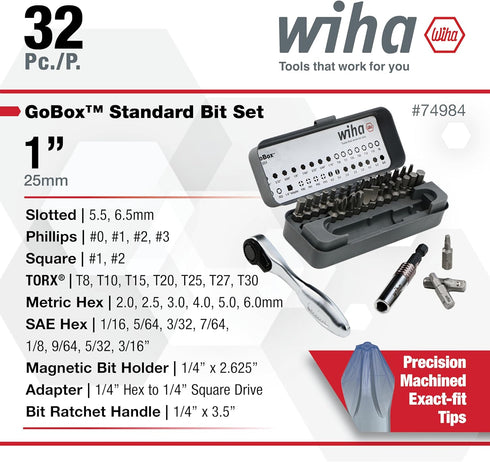 74984 32 Set Wiha Piece GoBox Standard Bit with Mini Ratchet