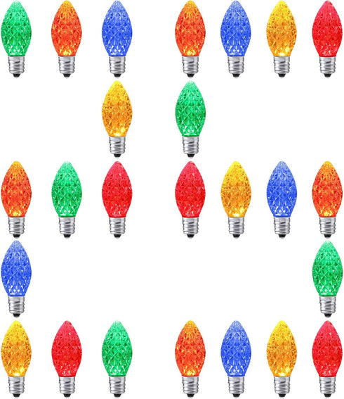 25 Pack C7 Multi Colored LED Replacement Christmas Light Bulbs, 0.72W, E12 Base, Dimmable Waterproof