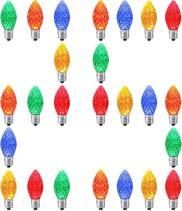 25 Pack C7 Multi Colored LED Replacement Christmas Light Bulbs, 0.72W, E12 Base, Dimmable Waterproof