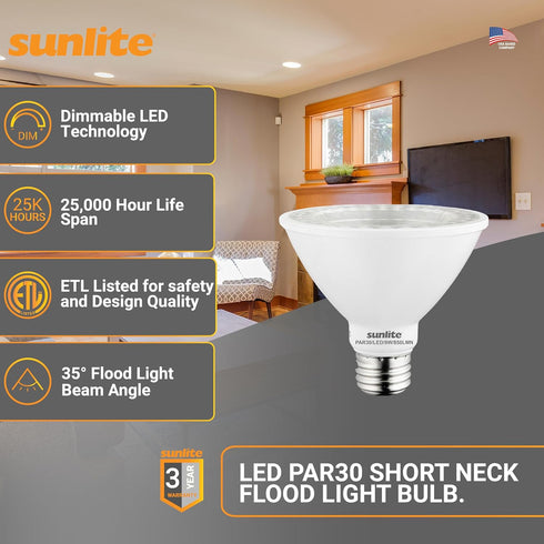 PAR30 Bulb, 9 (75W 850 (E26) Dimmable, 3000K 6 Count Sunlite LED Short Neck Flood Light Watt, Equivalent), Lumens