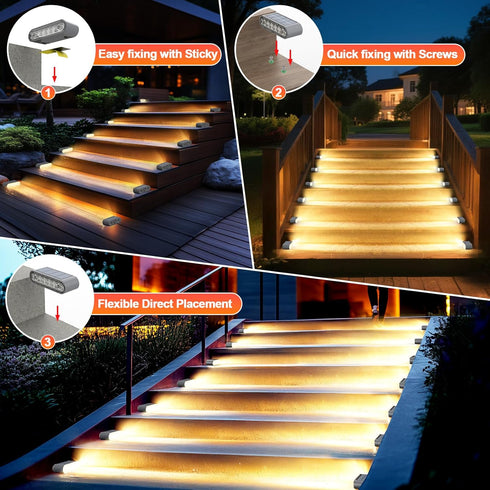 6-Pack IP67, 14 Solar Step Lights for Outside, Stair Light Outdoor Waterproof LED Warm White Light Solar Powered