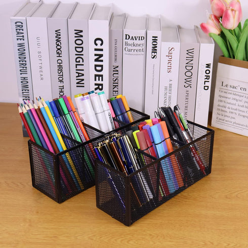 Black Mesh Pen Pencil Holder, Small Metal Desk Organizer for Office Supplies, 3 Compartments for Home School