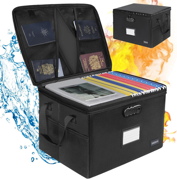 DEEGO Fireproof Document Box, Water-Resistant File Organizer Box with Lock, Portable File Box for Home Office