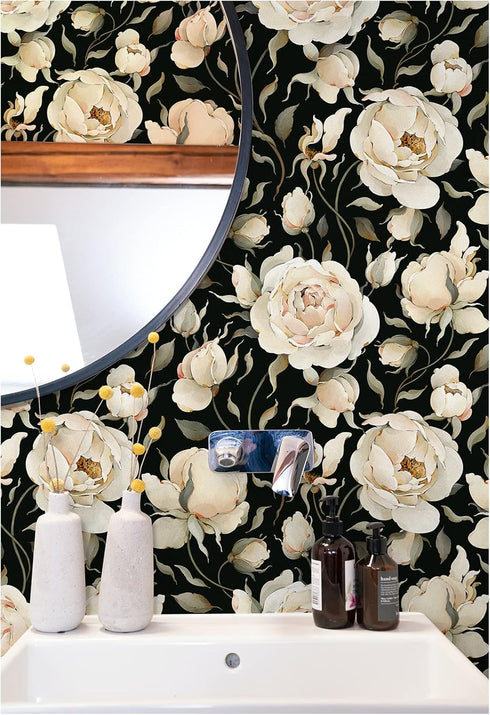 HAOKHOME 93242-1 Peel and Stick Wallpaper - Floral Vintage Roses Contact Paper Removable Black/Beige/Olive