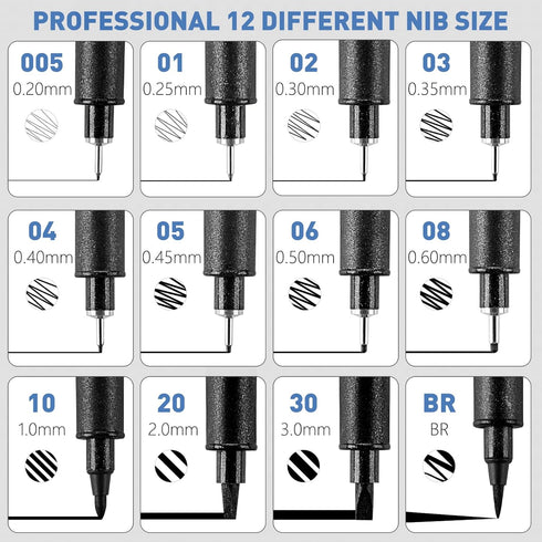 Technical,Black,12 Set,902195 YISAN Drawing Art Pens,Micro Fineliner Pens,Fine Tip Manga Markers for Artist Sketch