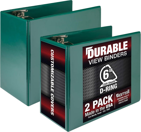 Samsill Durable 6 Inch Binder, Locking D Ring Binder, Customizable Clear View Cover, Green, 2 Pack, Each Holds 1225