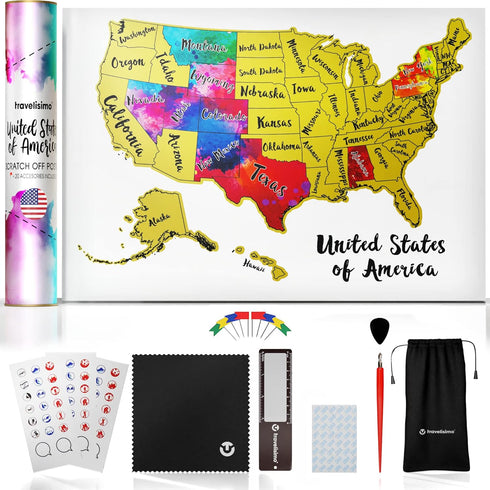 TRAVELISIMO Scratch Off Map of United States, 12x17 inch Map for Travel Tracking with 25 Unique Accessories