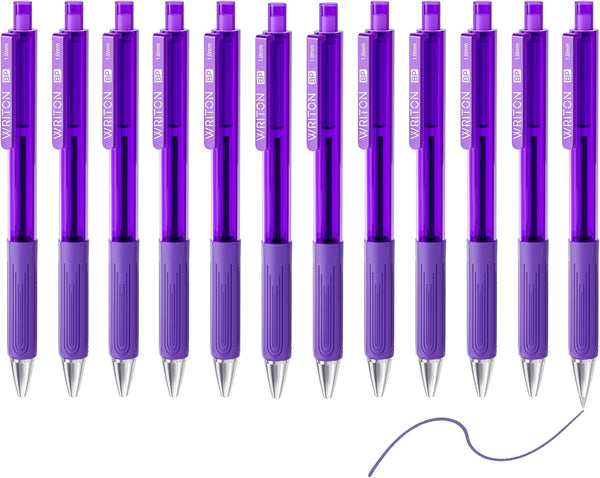 Writon Retractable Ballpoint Pens, 12 Pack, Triangle Grip and Barrel, 1.0mm Medium Point, Purple Ink