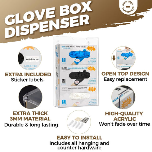 Storage Standard Countertop, Triple Glove Box Holder Dispenser - Kitchen, Medical, & Latex Glove Holder Wall Mount