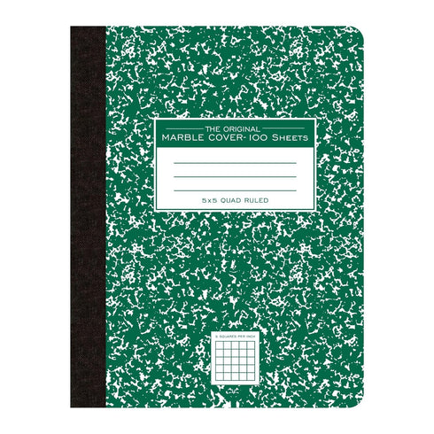 Roaring Spring Composition Notebook, 5x5 Graph Ruled, 100 Sheets, 9.75"x7.75", Hard Board Green Marble Covers