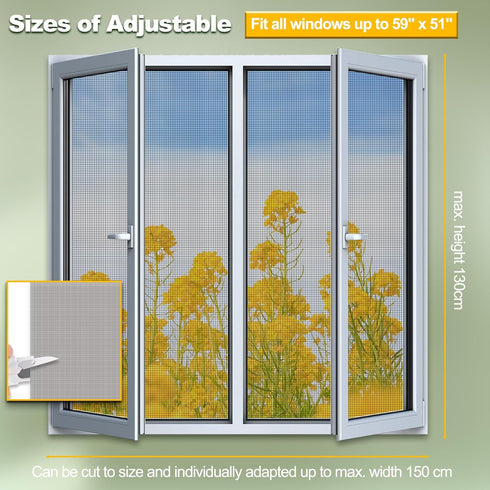 Magnetic Window Screen, Adjustable DIY Window Net Max 59 x 51 with Magnetic Fastener, Fiberglass Fine Mesh