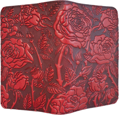 Oberon Design Wild Rose Pocket Notebook Cover, Fits 5.5 x 3.5 Inch Notebooks, Embossed Genuine Leather, Red
