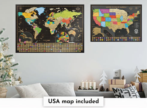 Two Scratch-Off Maps: World Map 17x24" + USA Map, Deluxe Travel Posters with Accessories