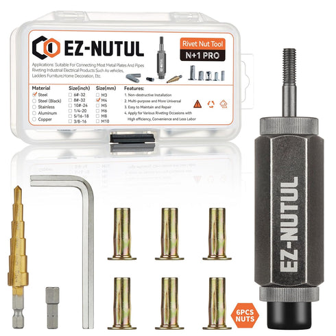 Multi-Grip Rivet Nut Installation Tool Set, Pre-Bulbed Shank with Nuts Assortment Kit