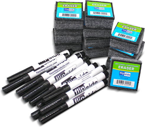 Flipside Products 12 Student Erasers and 12 Black Dry Erase Markers, Class Pack for Classroom